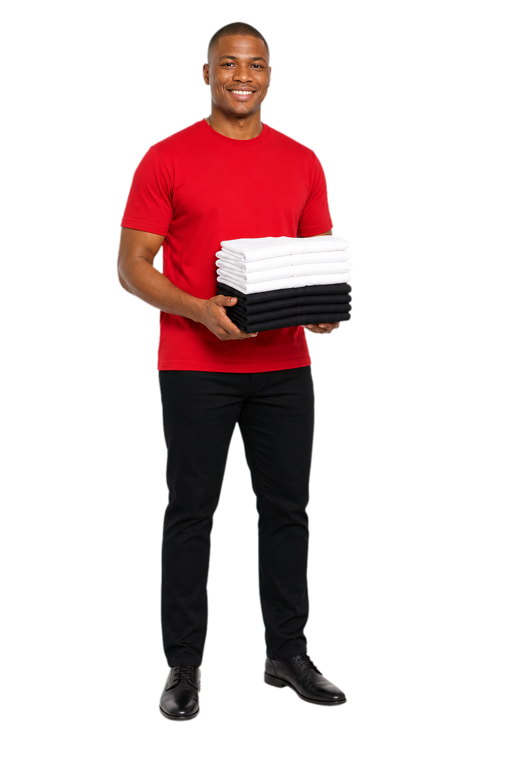 South African wholesale buyer holding folded white and black plain T-shirts