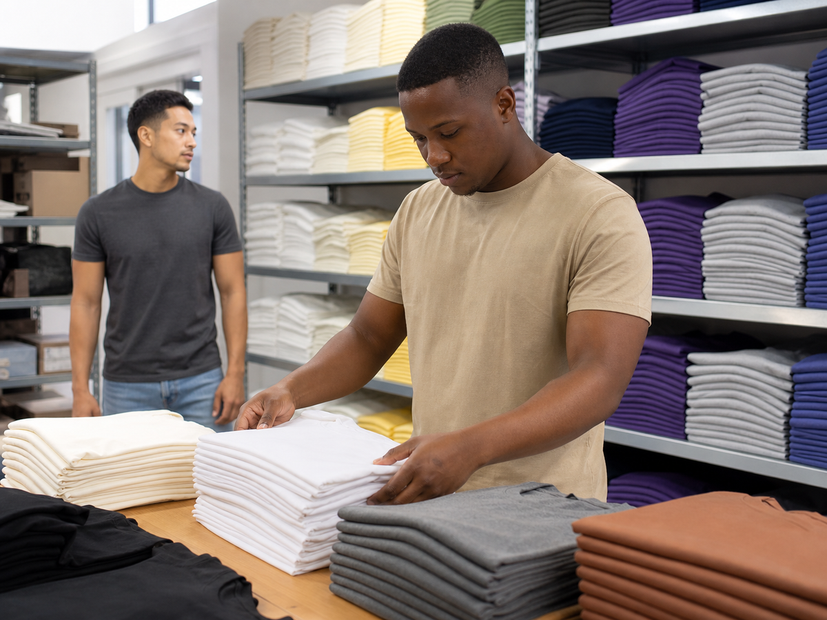 South African clothing reseller arranging colour-sorted plain T-shirts