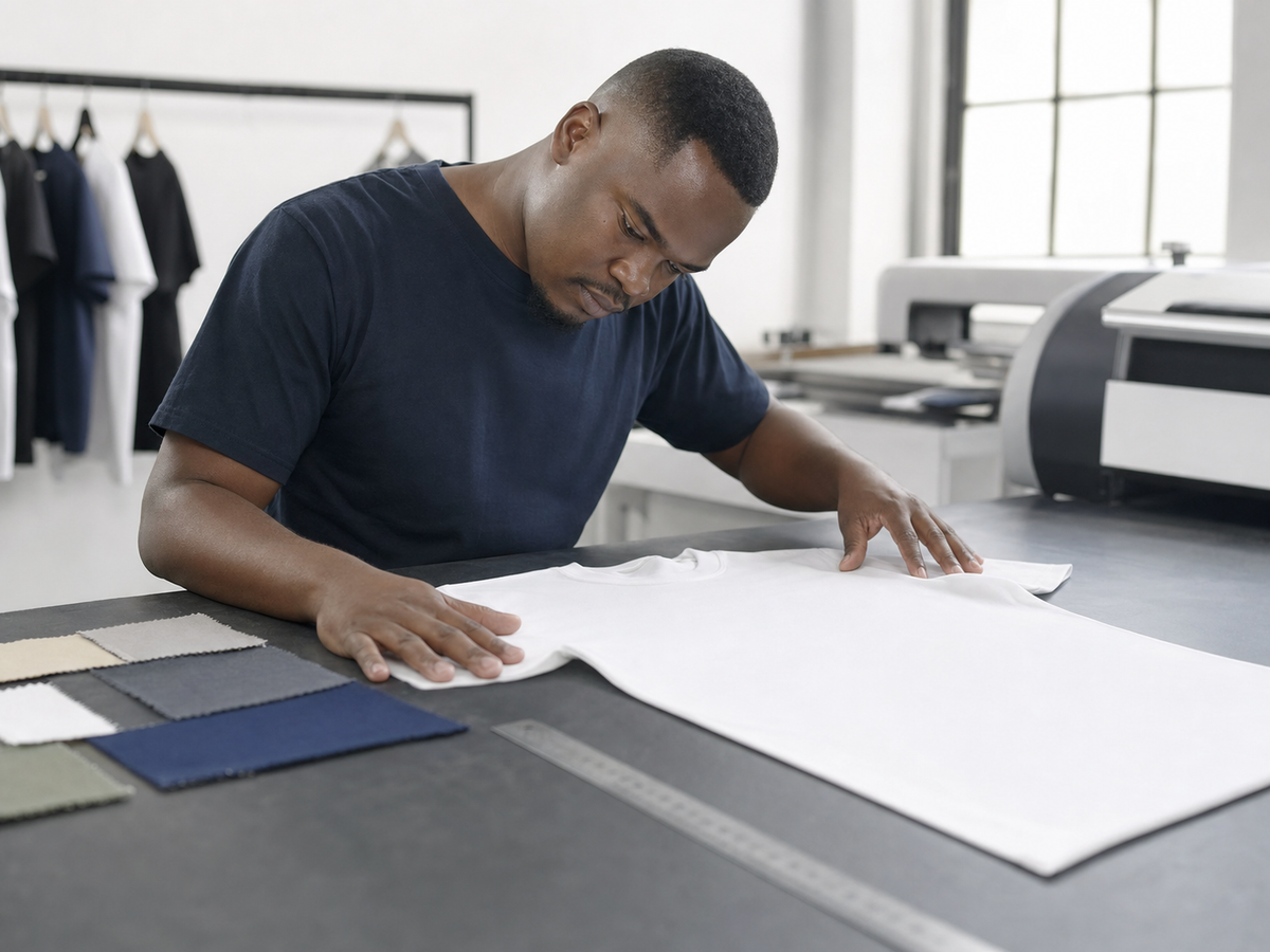 Print operator examining the smooth surface of a white blank T-shirt