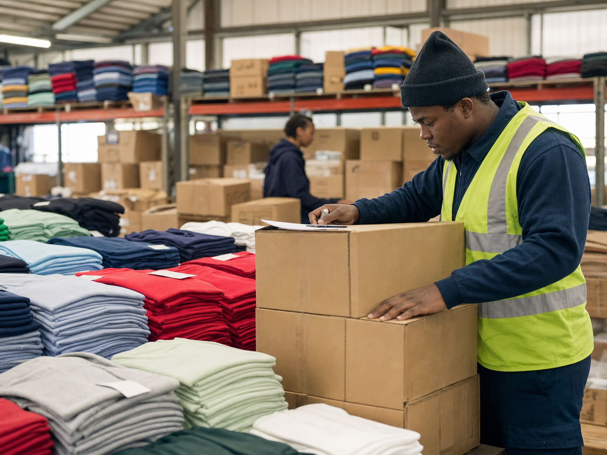 Warehouse worker counting cartons of coloured plain T-shirts